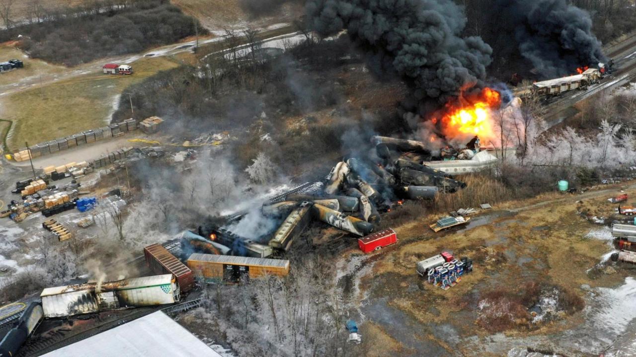 Officials say plume of chemicals in ohio river moving downstream after train derailment