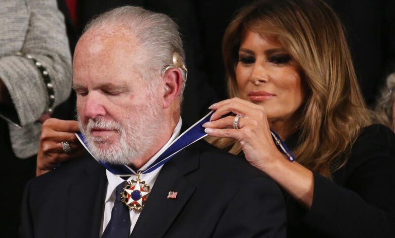 Rush limbaugh receives presidential medal of freedom at trumps state of the union address