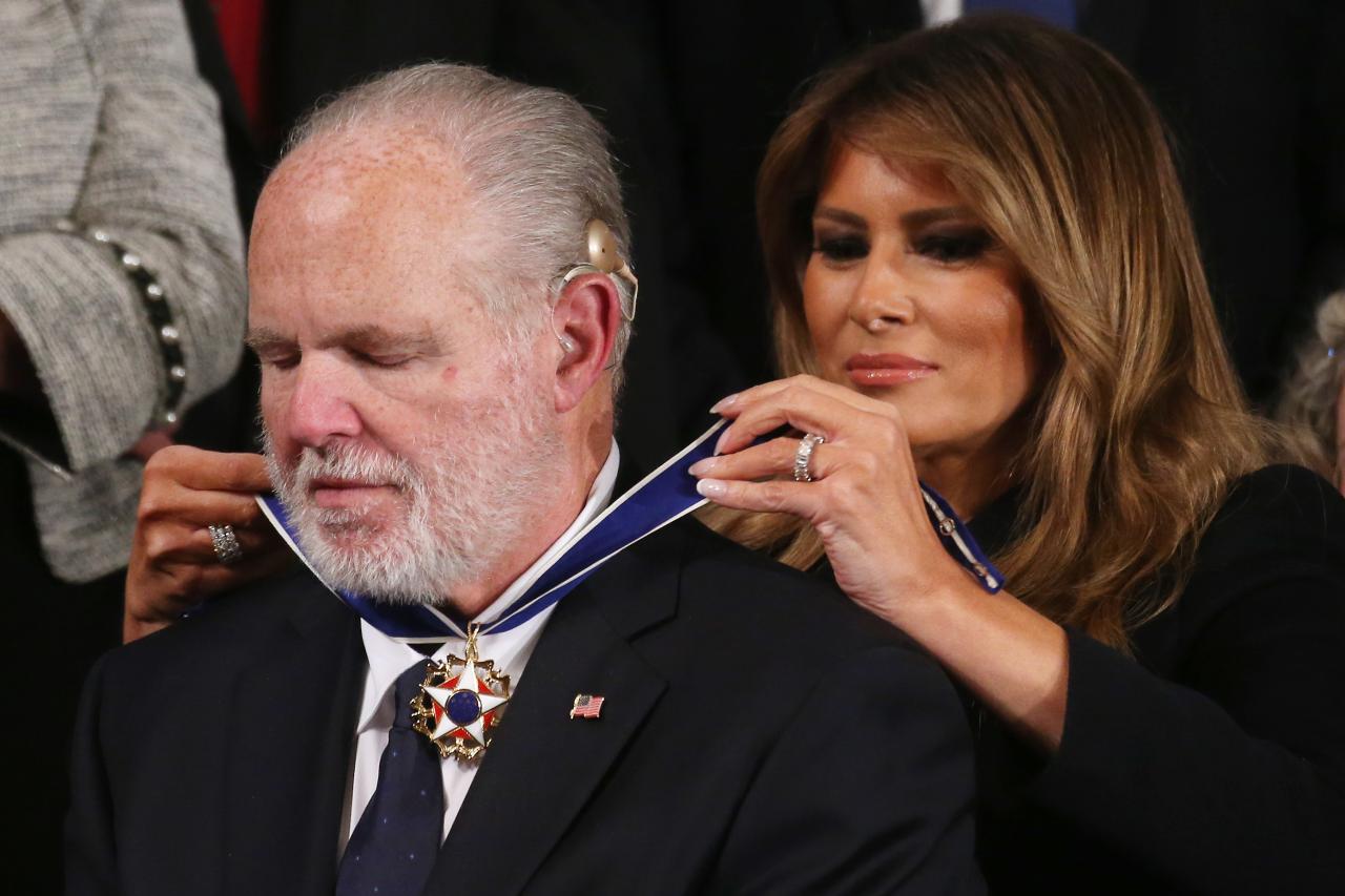 Rush limbaugh receives presidential medal of freedom at trumps state of the union address