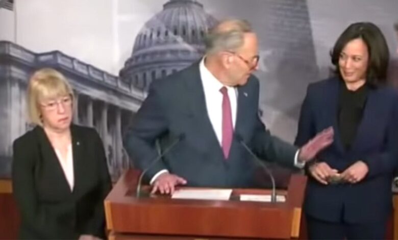 Chuck schumer scolds kamala harris for laughing with sherrod brown at impeachment presser goes viral