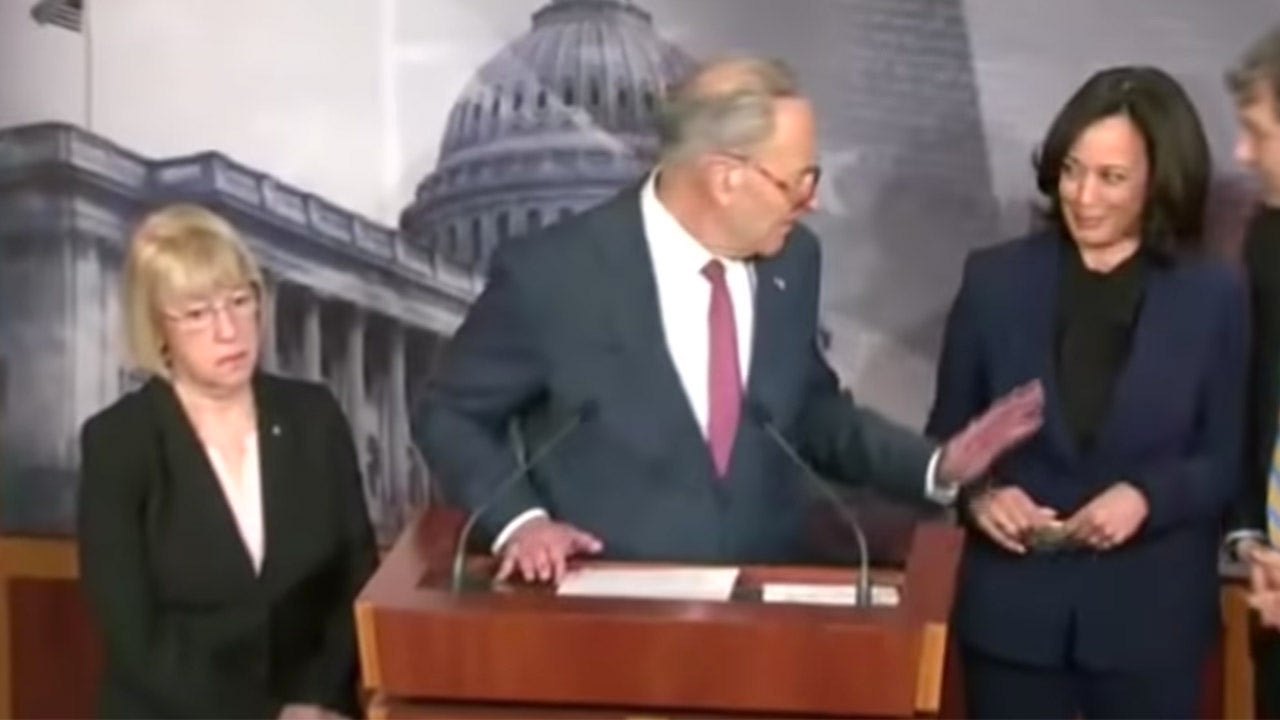 Chuck schumer scolds kamala harris for laughing with sherrod brown at impeachment presser goes viral