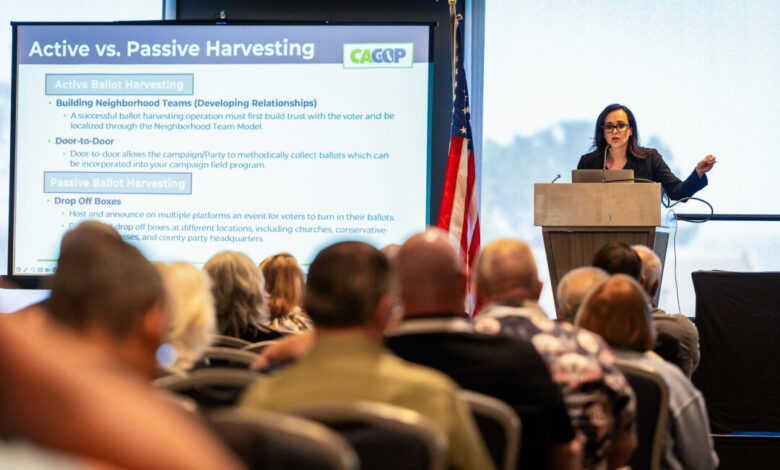 Republicans highlight early voting ballot harvesting and drop boxes at california gop meeting