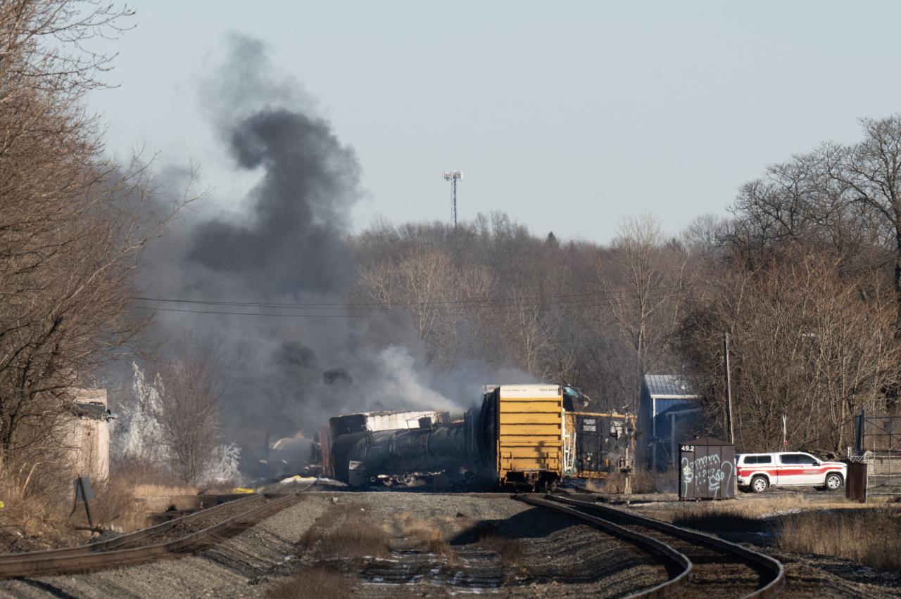 Officials say plume of chemicals in ohio river moving downstream after train derailment