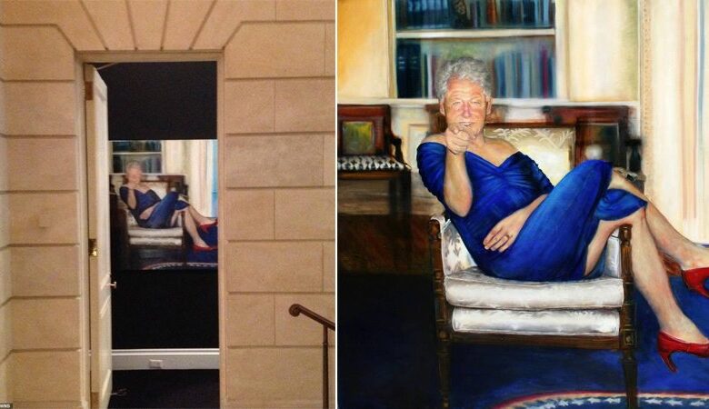 Painting of bill clinton in blue dress and heels was inside jeffrey epsteins nyc mansion report