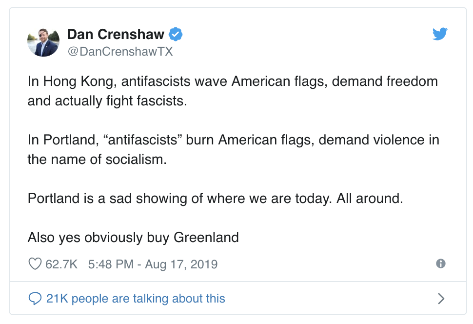 Rep dan crenshaw rips antifa demonstrators blasts portland protests as sad showing